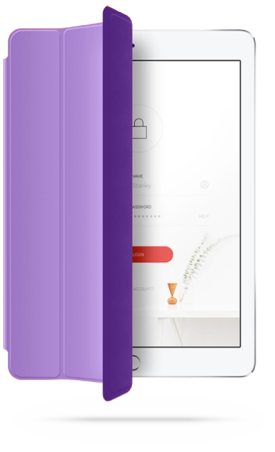 Tablet with purple protective cover opening to show screen